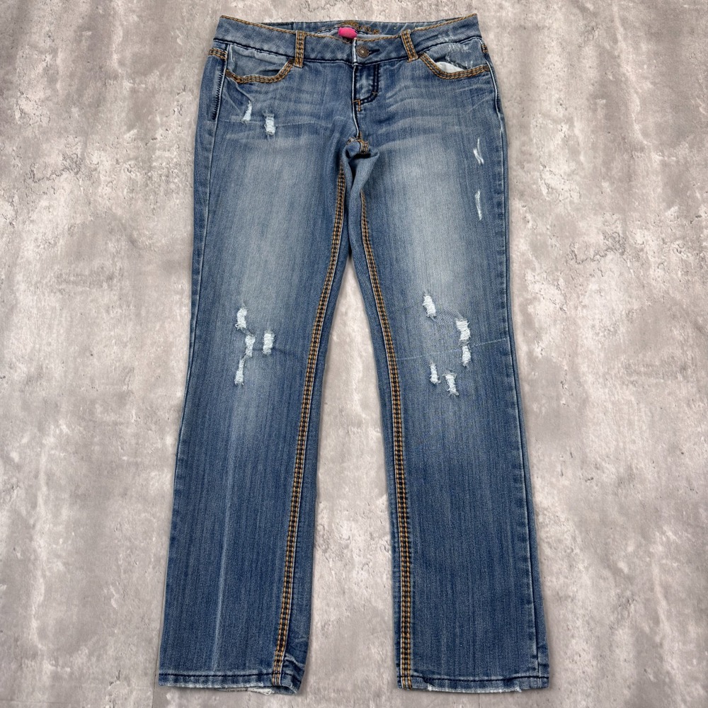Almost Famous Jeans Womens 9 Low Rise Boot‎ Cut Whisker Grunge Distressed Y2K